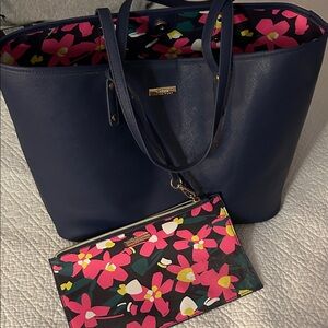 TRINA TURK Dark Blue Tote with Floral Pouch